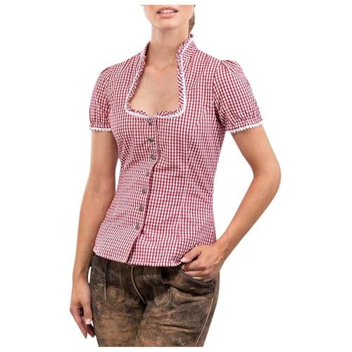 Famzuneu Trachtenbluse Damen Kariert Kurzarm Rot Weiss Trachtenshirt Spitze Trachten Bluse Traditionelle Oberteil Modern Oktoberfest Outfit Trachtenmode Trachtenhemd mit Stehkragen & Herzknöpfen von Famzuneu
