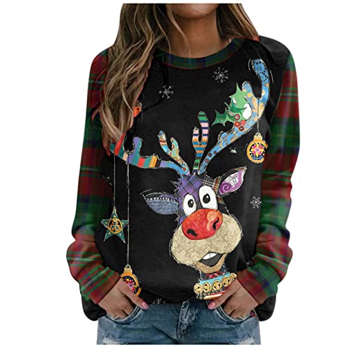 Famzuneu Weihnachtspullover Damen mit led, Weihnachtspullover Damen Wichtel Lustig Weihnachten Pullover Rundhals Schön Weihnachts Sweatshirt Ugly Winter Langarmshirt Große Größen Weihnachtspulli von Famzuneu