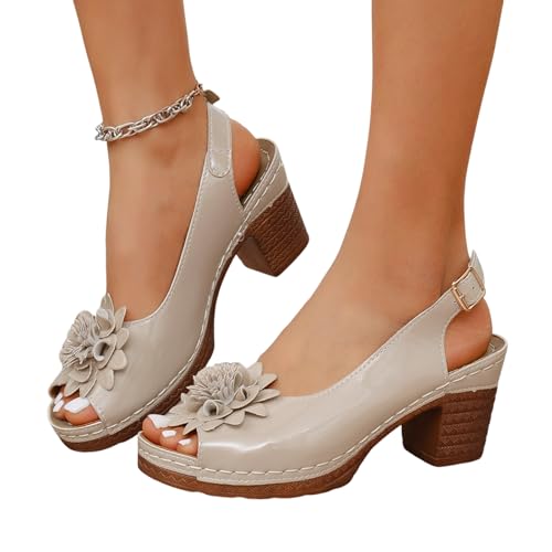 Famzuneu Sandalen Damen mit Absatz Elegant Sommerschuhe mit Blumen Breite Füße Sandaletten Bequem Offene Zeh Schuhe Damensandalen Festliche Damenschuhe Sommer Hausschuhe, Beige, 40 von Famzuneu