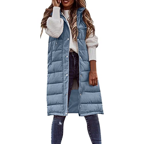 Famzuneu long weste damen große größen, Steppweste Damen Lang Leicht Weste Winter Daunenweste Übergangsweste Warmer Longweste mit Kapuze Ärmellos Softshelljacke mit Reissverschluss Taschen Blau XXL von Famzuneu