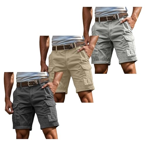 Famzuneu shorts herren, 3er Pack Cargo Shorts Herren Kurz Hosen Cargohose mit Reißverschluss und Knopf Mehrere Taschen Arbeitshosen Männer Sommer Bermuda Shorts Geschnittene Outdoorhose L von Famzuneu