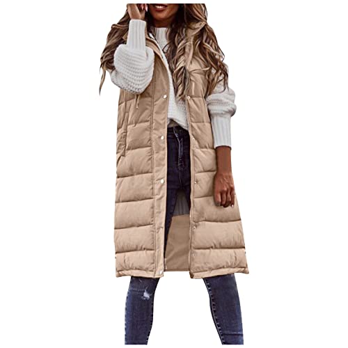 Famzuneu winter jacke damen, Steppweste Damen Lang Leicht Weste Winter Daunenweste Übergangsweste Warmer Longweste mit Kapuze Ärmellos Softshelljacke mit Reissverschluss Taschen Wintermantel Khaki L von Famzuneu