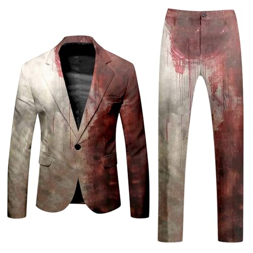 Halloween Anzug Herren Blutiger Horror Outfits Casual Rundhalsausschnitt Blutspritzer Muster Blazer Hose Entsetzen Blutig Bedruckt Sakko Anzughose Blutiges Anzüge von Famzuneu