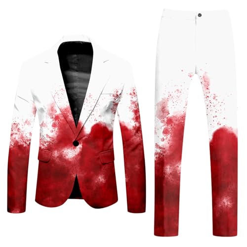 Halloween Anzug Herren Blutiger Horror Outfits Casual Rundhalsausschnitt Blutspritzer Muster Blazer Hose Entsetzen Blutig Bedruckt Sakko Anzughose Blutiges Anzüge von Famzuneu