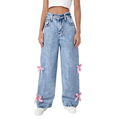 Jeans mädchen 134/140 Bootcut, Baggy Jeans Teenager Mädchen Hip Hop Klamotten Cargohose Mode Vintage Jean Hosen Jeanshosen mit Gummizug Cargo Freizeithose Jogginghose Boyfriend Streetwear Outdoorhose von Famzuneu