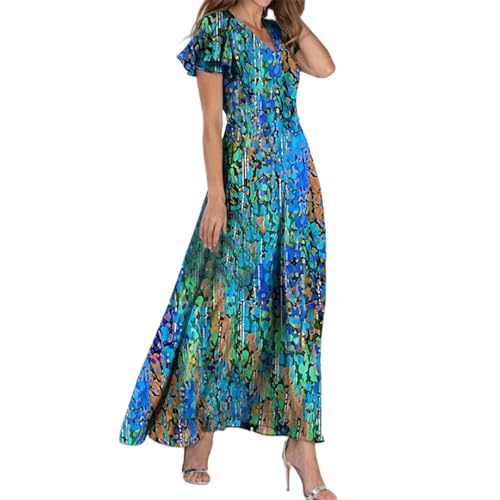 Kleid Damen Sommer lang ärmel, musselin Kleid, Damen Kleider Sommer Blumen Chiffon Swing V-Ausschnitt Kurzarm Flowy Rüschen Taille Mode Elegant Bequem Leicht Lang, L von Famzuneu