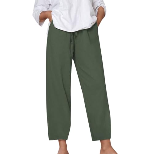 Leinenhose Schwarz Damen 7/8 Stretch Lockere Musselin Hosen Stoffhose Baggy Lang Sommerhose Sommer Linen Pants Leinen Hose Leicht Luftig Culotte mit Gummizug Taschen von Famzuneu