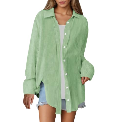 Longbluse Damen Sommer Strand, Musselin Bluse Damen Oversized Weiss Sommer Hemdbluse Baumwolle Oversize Longbluse Langarm Modern Oberteile Long Shirt Elegant Hemd Bluse Locker Langarmshirt Tuniken von Famzuneu