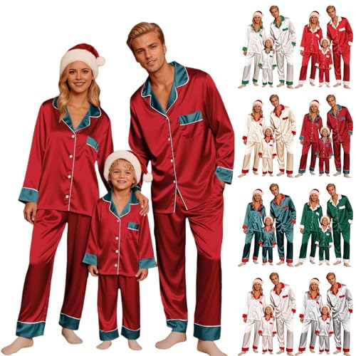 Partner Schlafanzug, Weihnachtspyjama Familie Set Satin Schlafanzug Damen Herren Kinder Seiden Weihnachts Pyjama Lang Langarm mit Knopfleiste Zweiteiliger Nachtwäsche Matching Hausanzug Loungewear von Famzuneu