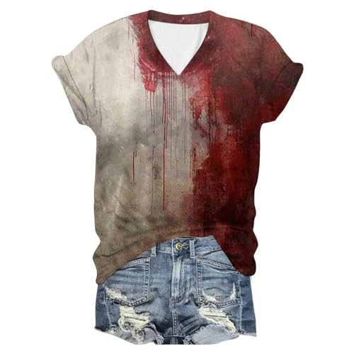 Problem Gelöst Print Halloween Tshirt Damen I'm Fine Blood Kurzarm V-Ausschnitt T Shirt mit Blutigem Bedrucktes Shirts Blut Verletzung Halloween-Kostüm Horror Leicht T-Shirt Tops Oberteil von Famzuneu