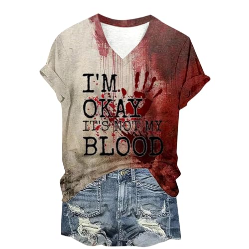 Problem Gelöst Print Halloween Tshirt Damen I'm Fine Blood Kurzarm V-Ausschnitt T Shirt mit Blutigem Bedrucktes Shirts Blut Verletzung Halloween-Kostüm Horror Leicht T-Shirt Tops Oberteil Problem Gelöst Print Halloween Tshirt Damen I'm Fine Blood Kurzarm V-Ausschnitt T Shirt mit Blutigem Bedrucktes Shirts Blut Verletzung Halloween-Kostüm Horror Leicht T-Shirt Tops Oberteil von Famzuneu