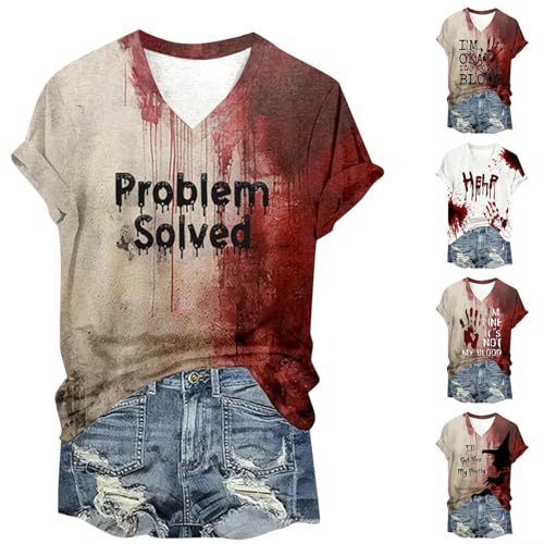 Problem Gelöst Print Halloween Tshirt Damen I'm Fine Blood Kurzarm V-Ausschnitt T Shirt mit Blutigem Bedrucktes Shirts Blut Verletzung Halloween-Kostüm Horror Leicht T-Shirt Tops Oberteil Problem Gelöst Print Halloween Tshirt Damen I'm Fine Blood Kurzarm V-Ausschnitt T Shirt mit Blutigem Bedrucktes Shirts Blut Verletzung Halloween-Kostüm Horror Leicht T-Shirt Tops Oberteil von Famzuneu