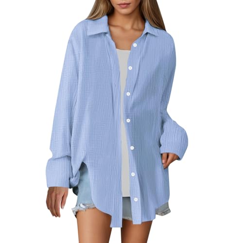 Umstandsmode, Musselin Bluse Damen Oversized Weiss Sommer Hemdbluse Baumwolle Oversize Longbluse Langarm Modern Oberteile Long Shirt Elegant Hemd Bluse Locker Langarmshirt Tuniken von Famzuneu