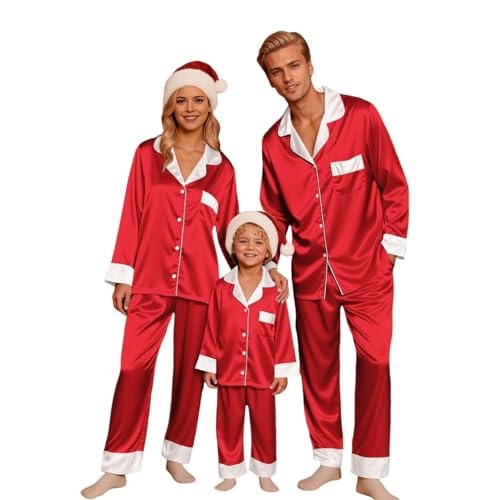Weihnachts Pyjama Teenager Mädchen, Weihnachtspyjama Familie Set Satin Schlafanzug Damen Herren Kinder Seiden Weihnachts Pyjama Lang Langarm mit Knopfleiste Zweiteiliger Nachtwäsche Matching Hausanzug von Famzuneu