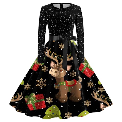 Weihnachtskleid Damen Elegant Kleid Weihnachten Langarm Cocktailkleid Vintage Rockabilly Kleider mit Lustig Weihnachtsmotiv Festlich Partykleid Abendkleider Weihnachtskleider Frauen von Famzuneu