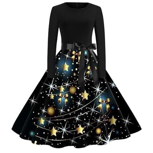 Weihnachtskleid Damen Elegant Kleid Weihnachten Langarm Cocktailkleid Vintage Rockabilly Kleider mit Lustig Weihnachtsmotiv Festlich Partykleid Abendkleider Weihnachtskleider Frauen von Famzuneu