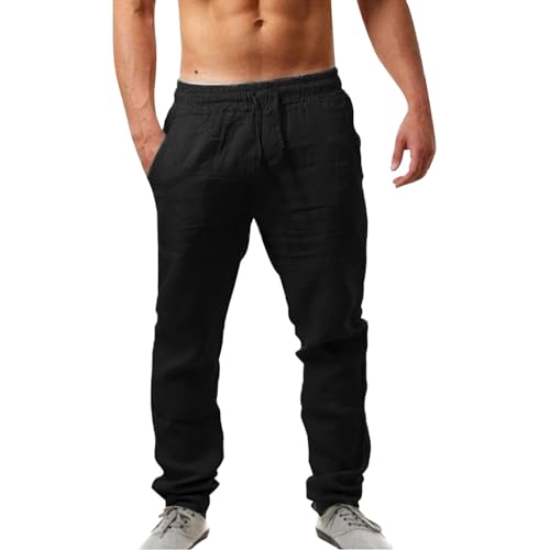 Weisse Leinenhose Herren 4XL, Leinenhose Herren Lang Sommer Leicht Freizeithose mit Kordelzug Taschen Stoffhose Palmenmotiv Loose Fit Sommerhose Weich Bequeme Weites Bein Linen Pants Casual von Famzuneu