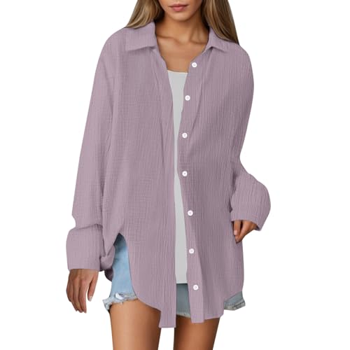 blusen & Tuniken für Damen, Musselin Bluse Damen Oversized Weiss Sommer Hemdbluse Baumwolle Oversize Longbluse Langarm Modern Oberteile Long Shirt Elegant Hemd Bluse Locker Langarmshirt Tuniken Lila von Famzuneu