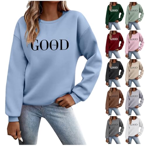 damen pullover, Pullover Damen Herbst Sweatshirt Ohne Kapuze Briefe Drucken Langarm Rundhals Pulli Winter Langarmshirt Locker Casual Oberteil Sport Streetwear Oversize Elegant Kleidung Hellblau XL von Famzuneu