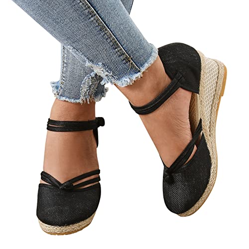 damen schuhe mit keilabsatz schwarz, Keilabsatz Schuhe Damen Elegant Wedges Sommer Espadrilles Sandalen Plateau Keilsandalen Strandsandalen Schwarz Keilschuhe Boho Vorne Geschlossen Sommerschuhe von Famzuneu