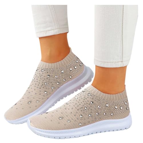 damen-sneaker, Glitzer Sneaker Damen Mesh Sportschuhe Turnschuhe mit Strass Atmungsaktiv Mode Laufschuhe Fitness Running Slip On Joggingschuhe Frauen Outdoor Walkingschuhe Glitzerschuhe Beige 41 von Famzuneu