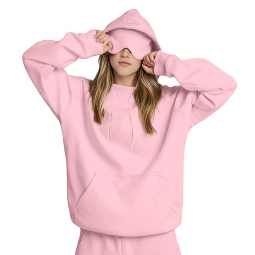 damen sweatshirt, Hoodie Herren Damen mit Augenmaske Travel Kapuzenpullover Oversize Unisex Casual Pullover Sweatshirt mit Vielen Tasche Schlafmaske Freizeit Sport Sweatjacke Streetwear Rosa M von Famzuneu