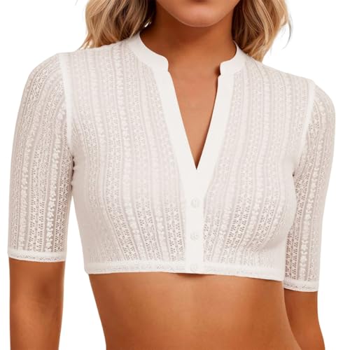 dirndlbluse zum knöpfen, Dirndl Bluse Damen Weiß - Spitze Dirndlbluse Kurzarm Modern Trachtenbluse Sexy V Ausschnitt Spitzenbluse mit Flügelärmel Weiss Trachtenmode für Bayrische Oktoberfest XL von Famzuneu