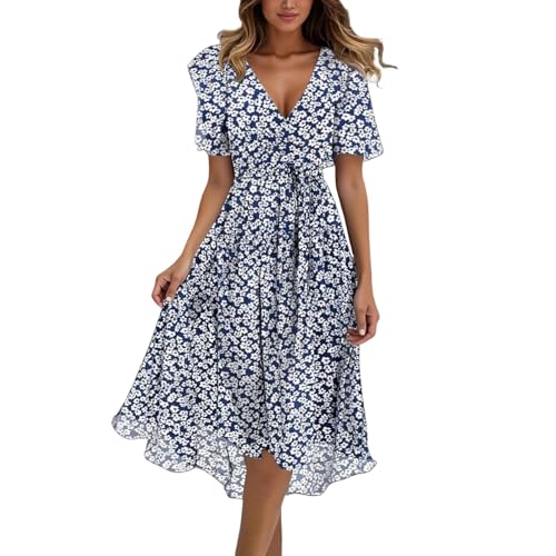grünes cocktailkleid Damen, Damen Sommerkleid Chiffon Vusschnitt Blumenmuster A-Linie Hochzeit Party Urlaub Elegant Bequem Midikleid für Festliche Anlässe Tagesoutfits, Hellblau, XL von Famzuneu