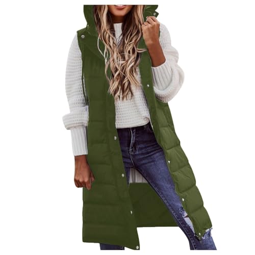 herbstmantel damen, Steppweste Damen Lang Leicht Weste Winter Daunenweste Übergangsweste Warmer Longweste mit Kapuze Ärmellos Softshelljacke mit Reissverschluss Taschen Wintermantel Winterjacke Grün L von Famzuneu