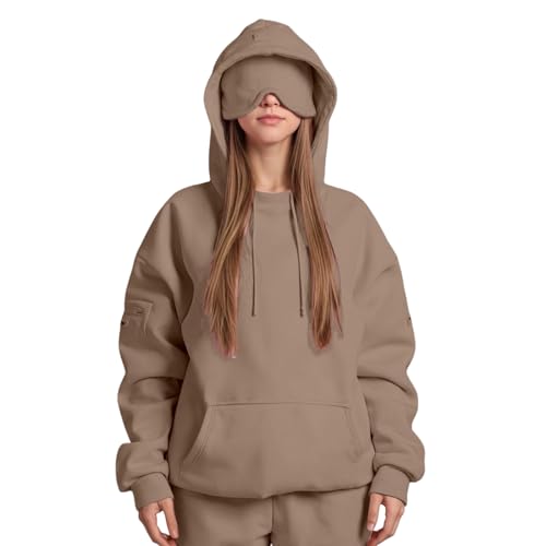 hoodie jacke damen, Hoodie Herren Damen mit Schlafmaske Fleece Gefüttert Pullover Travel Kapuzenpullover Oversize Casual Sweatshirt mit Vielen Tasche Augenmaske Freizeit Sport Sweatjacke Kaffee 4XL von Famzuneu