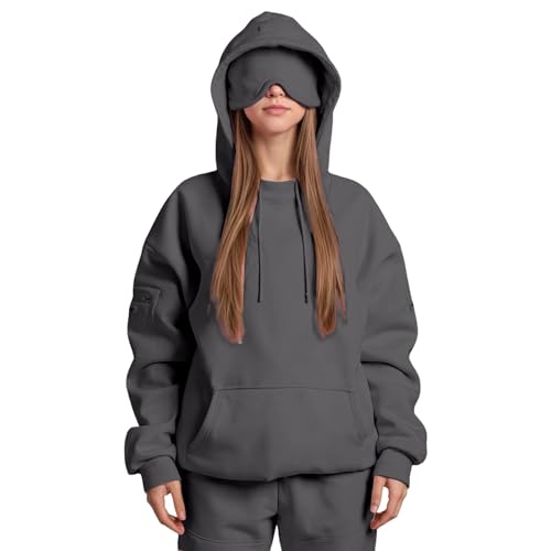 hoody damen, Hoodie Herren Damen mit Schlafmaske Fleece Gefüttert Pullover Travel Kapuzenpullover Oversize Casual Sweatshirt mit Vielen Tasche Augenmaske Freizeit Sport Sweatjacke Streetwear Grau L von Famzuneu