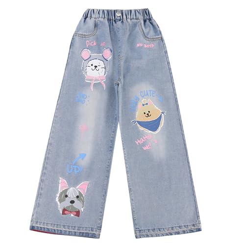 hosen für kinder mädchen ab 9-10 jahre sommer mit langer hose, Baggy Jeans Mädchen Weites Bein Jogginghose Cargohose Straight Vintage Jeanshosen Outdoorhose mit Gummizug Hip Hop Denim Jean Hosen Loose von Famzuneu