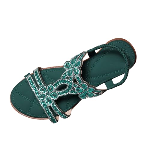 keilsandalen damen schwarz leder, pumps kleiner absatz, Damen Sandalen mit Strasssteinen Slingback Design elastischem Knöchelriemen bequeme Freizeitschuhe böhmische Strandmode sommerliche Damenschuhe von Famzuneu