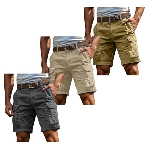 kurze hosen herren jeans stretch, 3er Pack Cargo Shorts Herren Kurz Hosen Cargohose mit Reißverschluss und Knopf Mehrere Taschen Arbeitshosen Männer Sommer Bermuda Shorts Geschnittene Outdoorhose 4XL von Famzuneu