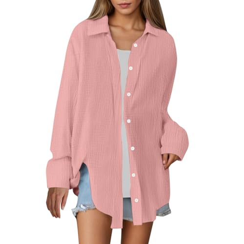 Musselin Bluse Damen Oversized Weiss Sommer Hemdbluse Baumwolle Oversize Longbluse Langarm Modern Oberteile Long Shirt Elegant Hemd Locker Langarmshirt Tuniken von Famzuneu