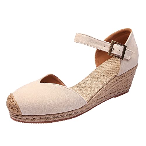 plateau espadrilles damen, Sandalen Vorne Geschlossen Damen Elegant Bequem Espadrilles Sandaletten Wedges Strandsandalen Schwarz Keilabsatz Keilsandalen Sommerschuhe Linen Geflochtene Plateau Schuhe von Famzuneu