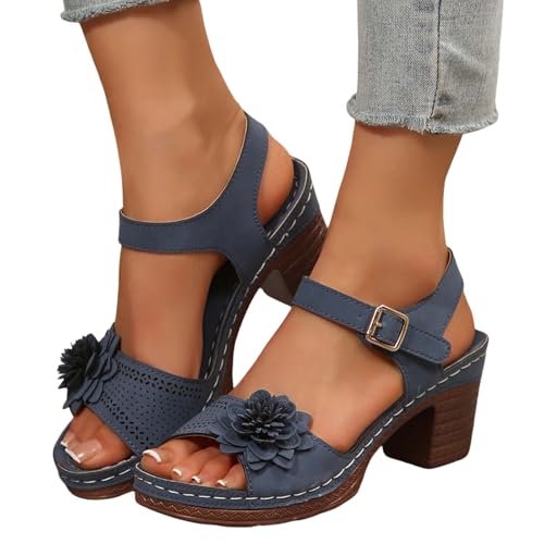 sandalen damen mit absatz weiss, Sandalen Damen mit Absatz Elegant Sommerschuhe mit Blumen Breite Füße Sandaletten Bequem Offene Zeh Schuhe Damensandalen Festliche Damenschuhe Sommer, Marine, 41 von Famzuneu