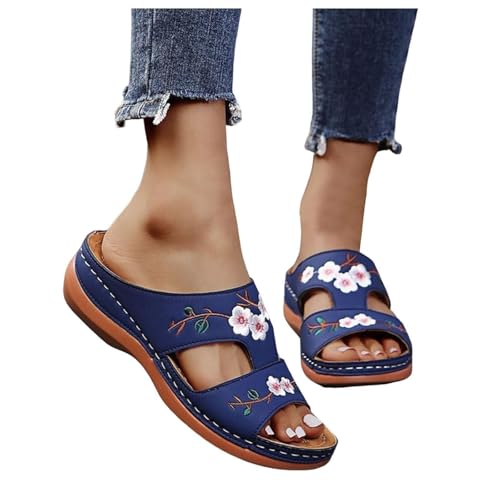 sandalen damen sommer, Damen Orthopädische Sandalen Pantoletten Vintage Blumenstickerei Schlappen Sommer Peep Toe Hausschuhe Keil PU-Leder Pantoffeln Plateau Latschen Freizeit Offene Schuhe, Blau, 42 von Famzuneu