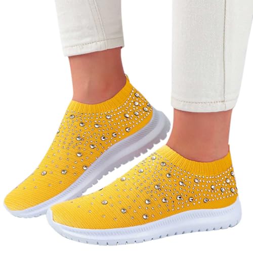 schuhe damen sneaker, Glitzer Sneaker Damen Mesh Sportschuhe Turnschuhe mit Strass Atmungsaktiv Mode Laufschuhe Fitness Running Slip On Joggingschuhe Frauen Outdoor Walkingschuhe Glitzerschuhe Gelb 38 von Famzuneu
