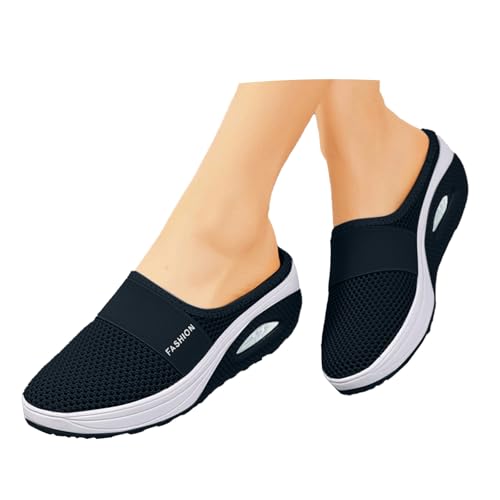 schuhe mit abrollsohle, Orthopädische Schuhe Damen Sommer Air Cushion Slip On Hausschuhe Luftkissen Sandalen Mesh Atmungsaktiv Walkingschuhe Diabetiker Orthoback Schuhe Freizeit Leicht Dunkelblau 39 von Famzuneu