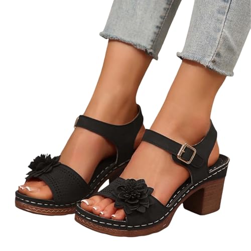 schwarze schuhe damen, Sandalen Damen mit Absatz Elegant Sommerschuhe mit Blumen Breite Füße Sandaletten Bequem Offene Zeh Schuhe Damensandalen Festliche Damenschuhe Sommer Hausschuhe, Schwarz, 41 von Famzuneu