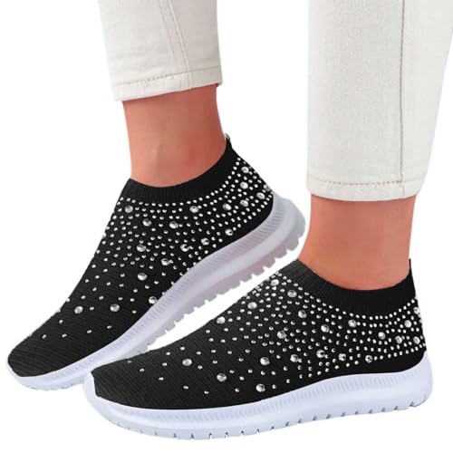 sneaker damen, Glitzer Sneaker Damen Mesh Sportschuhe Turnschuhe mit Strass Atmungsaktiv Mode Laufschuhe Fitness Running Slip On Joggingschuhe Frauen Outdoor Walkingschuhe Glitzerschuhe Schwarz 39 von Famzuneu
