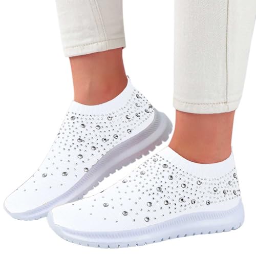 sneaker damen weiss, Glitzer Sneaker Damen Mesh Sportschuhe Turnschuhe mit Strass Atmungsaktiv Mode Laufschuhe Fitness Running Slip On Joggingschuhe Frauen Outdoor Walkingschuhe Glitzerschuhe Weiß 37 von Famzuneu