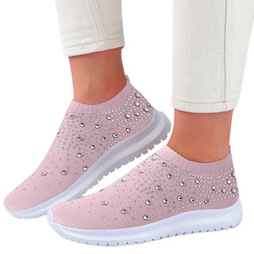 sommer sneaker damen, Glitzer Sneaker Damen Mesh Sportschuhe Turnschuhe mit Strass Atmungsaktiv Mode Laufschuhe Fitness Running Slip On Joggingschuhe Frauen Outdoor Walkingschuhe Glitzerschuhe Rosa 40 von Famzuneu