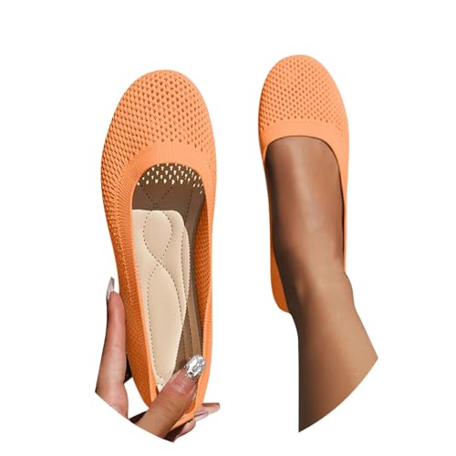 sommerschuhe damen bequem leder, Damen Ballerinas Bequem Slip On Ballerina Schuhe Rutschfest Flache Stricken Sommerschuhe Trachtenschuhe Sommer Elegant Dirndl Schuhe Weiche Tanzschuhe, Orange, 38 von Famzuneu
