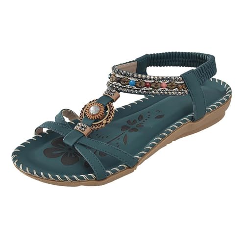 sommerschuhe damen elegant flach, sandalen weiches fußbett damen, Böhmische Sandalen Damen Flache Strandschuhe Ethnische Perlen Weben Offene Spitze Sommer Römischen Urlaub Reisen Strandmode Bequem, 37 von Famzuneu