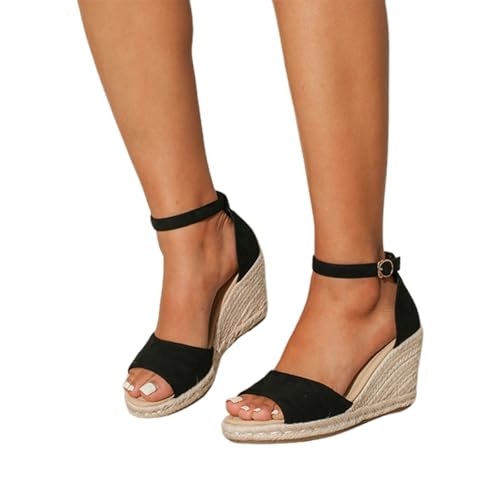 sommerstiefeletten damen, Keilabsatz Schuhe Damen Geschlossen Plateau Wedges Espadrilles Sandalen Schwarz Breite Füße Sommerschuhe Keilsandalen Elegant Strandsandalen Boho Sommer Keilschuhe Frauen 41 von Famzuneu