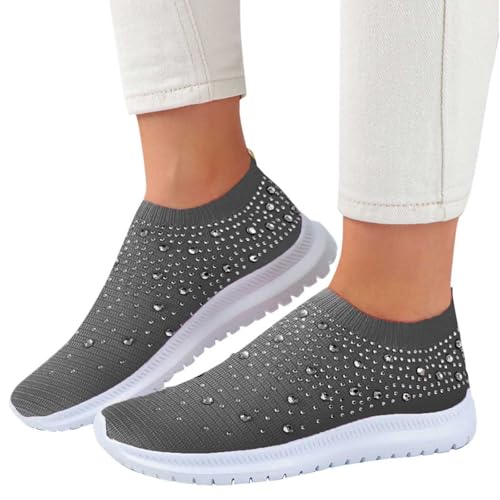 sportschuhe damen, Glitzer Sneaker Damen Mesh Sportschuhe Turnschuhe mit Strass Atmungsaktiv Mode Laufschuhe Fitness Running Slip On Joggingschuhe Frauen Outdoor Walkingschuhe Glitzerschuhe Grau 39 von Famzuneu