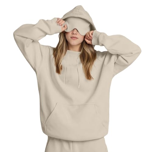sweatshirts für damen, Hoodie Herren Damen mit Augenmaske Travel Kapuzenpullover Oversize Unisex Casual Pullover Sweatshirt mit Vielen Tasche Schlafmaske Freizeit Sport Sweatjacke Beige XXL von Famzuneu