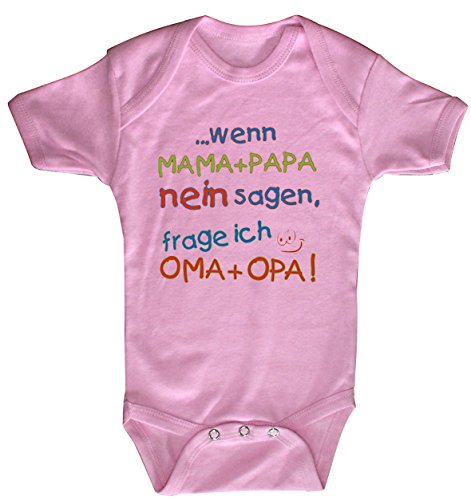 Fan-O-Menal Textilien Babystrampler mit Print – Mama + Papa nein sagen, frage ich Oma + Opa - 08351 Gr. 0-24 Monate - versch. Farben Color rosa, Size 0-6 Monate von Fan-O-Menal Textilien